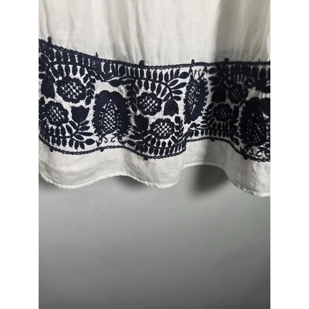 J.Crew Linen Peasant Top White Navy Embroidered Hem Boho Blouse XS